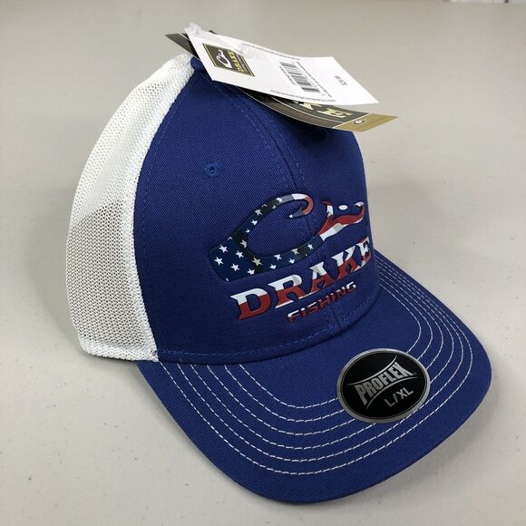 Drake DPF Fishing Hat Blue Mens L/XL Stretch Fit Ball Cap USA Flag Logo New NWT - Picture 3 of 8